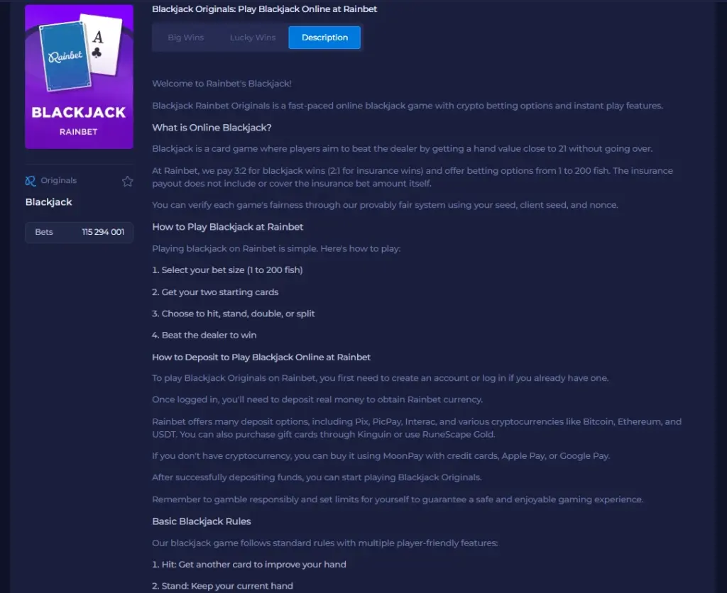 Blackjack Original game rules
