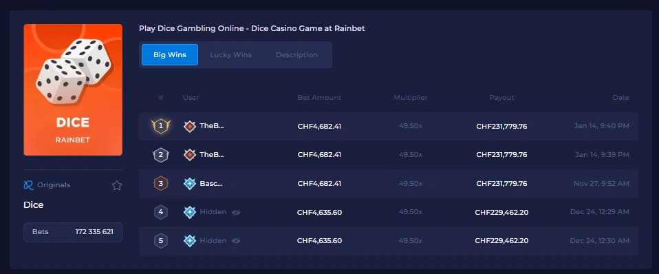 rainbet dice wins