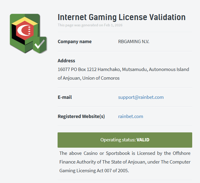 rainbet license verification