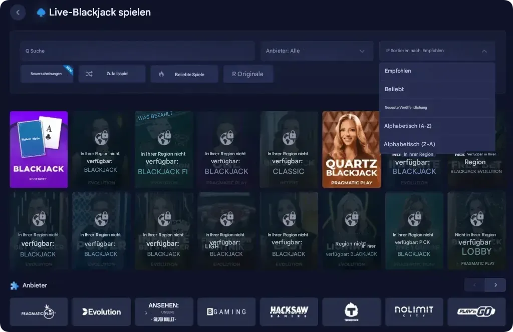 Blackjack-Spiele auf Rainbet