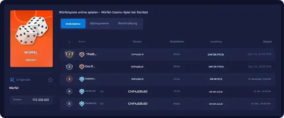 Rainbet Dice Gewinne