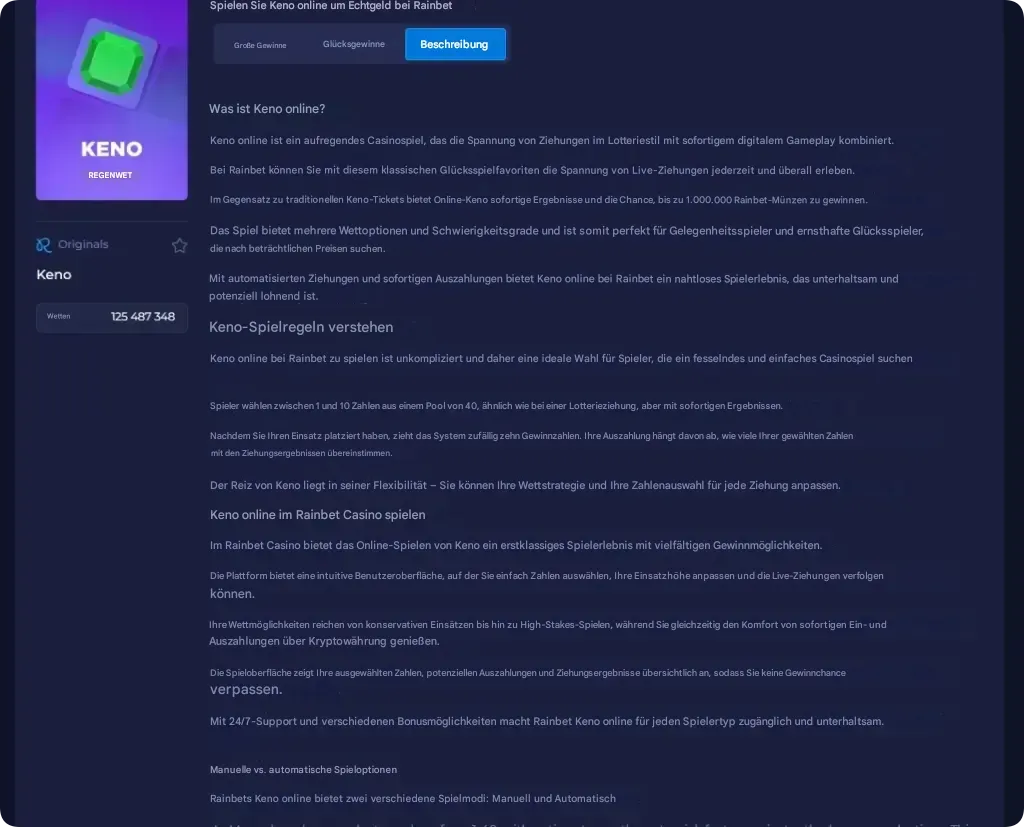 Rainbet Keno Spielregeln