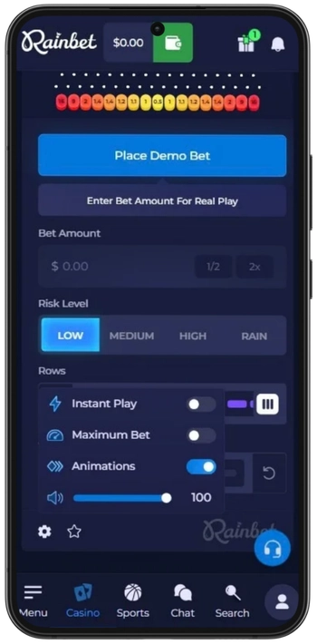 Rainbet Plinko additional settings options