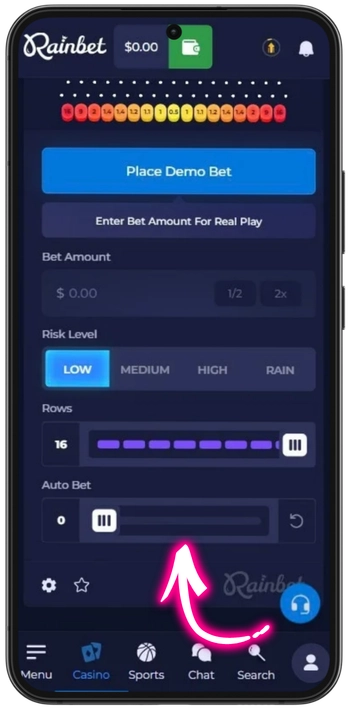 Rainbet Plinko Auto Bet configuration panel