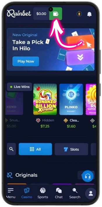Rainbet Plinko deposit button on top
