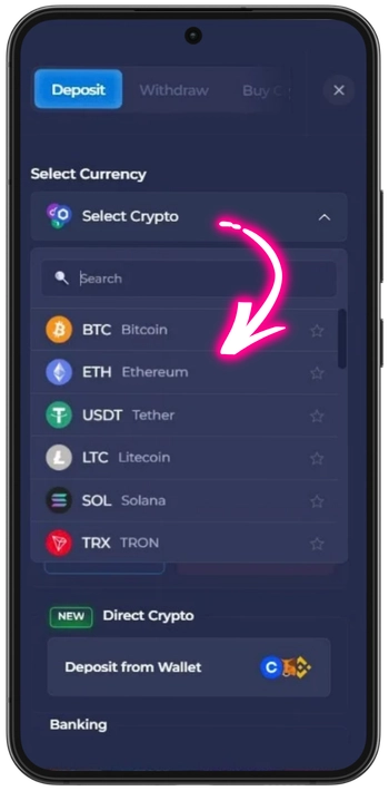 Rainbet Plinko deposit cryptocurrency selection screen