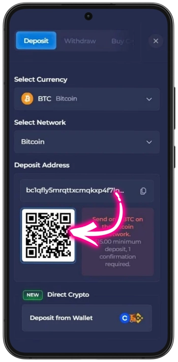 Rainbet Plinko deposit QR code crypto payment screen