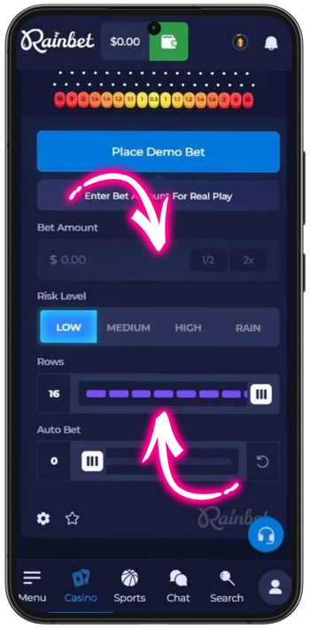 Rainbet Plinko game settings — risk level and row count