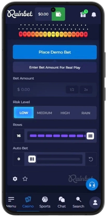 Rainbet Plinko main settings panel