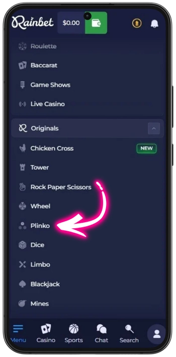 Rainbet Plinko in the Originals game lobby