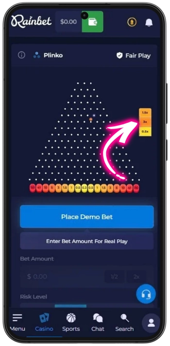 Rainbet Plinko payout results and bet history