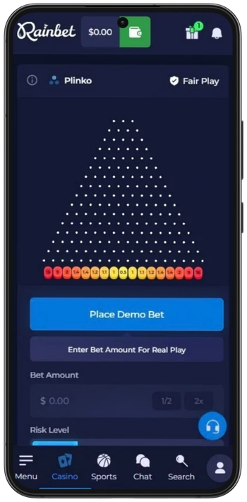 Rainbet Plinko start game screen