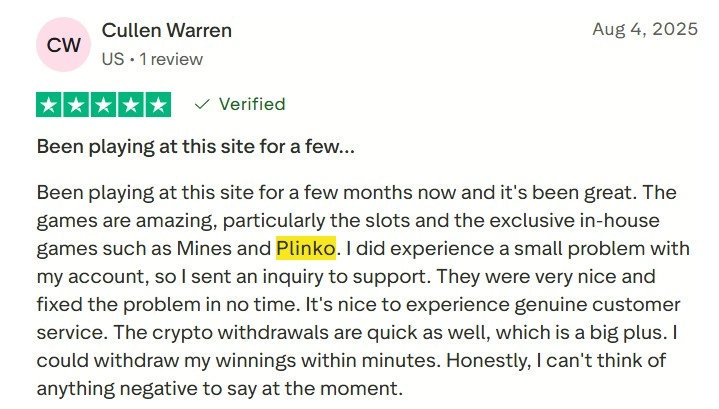 Rainbet Plinko verified review on Trustpilot