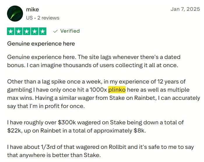 Rainbet Plinko player rating Trustpilot