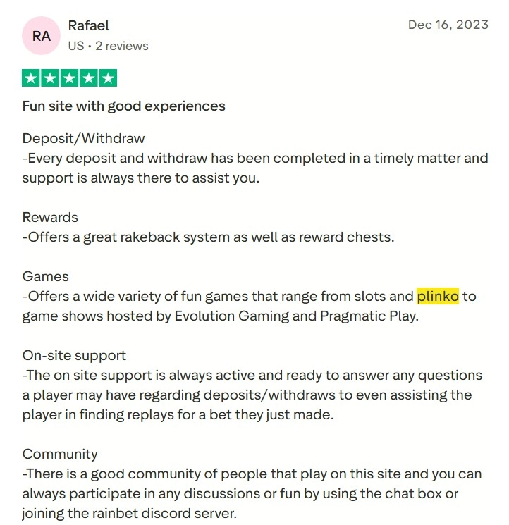 Rainbet Plinko customer feedback Trustpilot